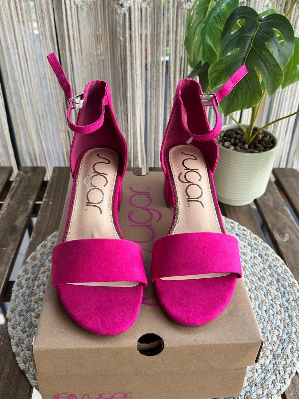 Sugar Fuchsia Open-Toe Ankle-Strap Block Heels